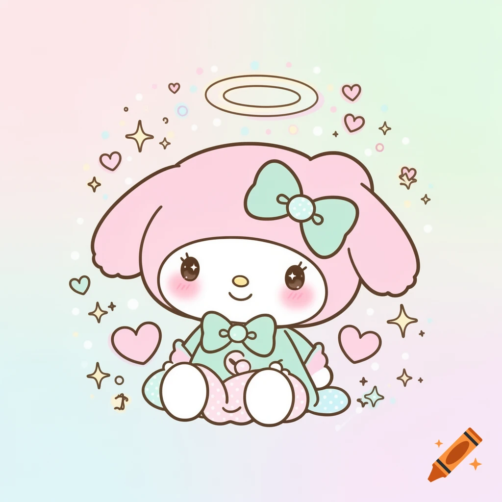A cute Sanrio cartoon character, My Melody, wearing pink and mint green, with a halo, sparkles, and hearts on a pastel gradient background.