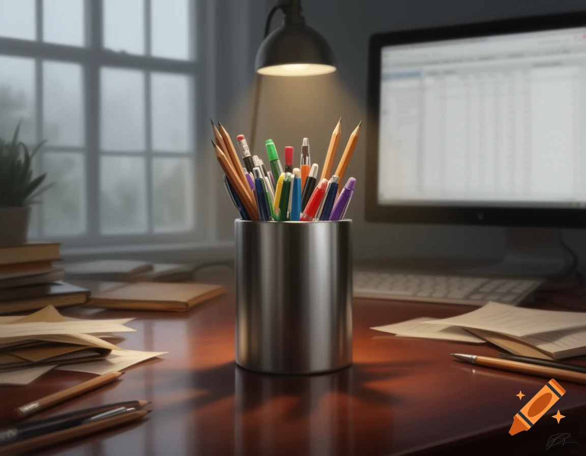 A metal pencil holder filled with pens and pencils on a wooden desk, with papers, books, a computer monitor, and a window in the background.