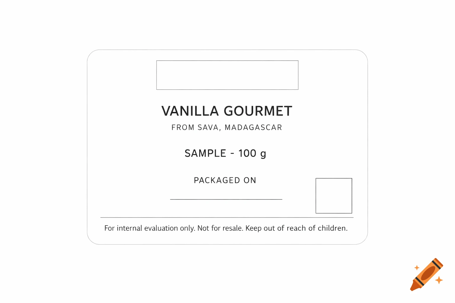 Minimalist white label with black text for vanilla samples, including 'VANILLA GOURMET' and 'SAMPLE - 100 g'.