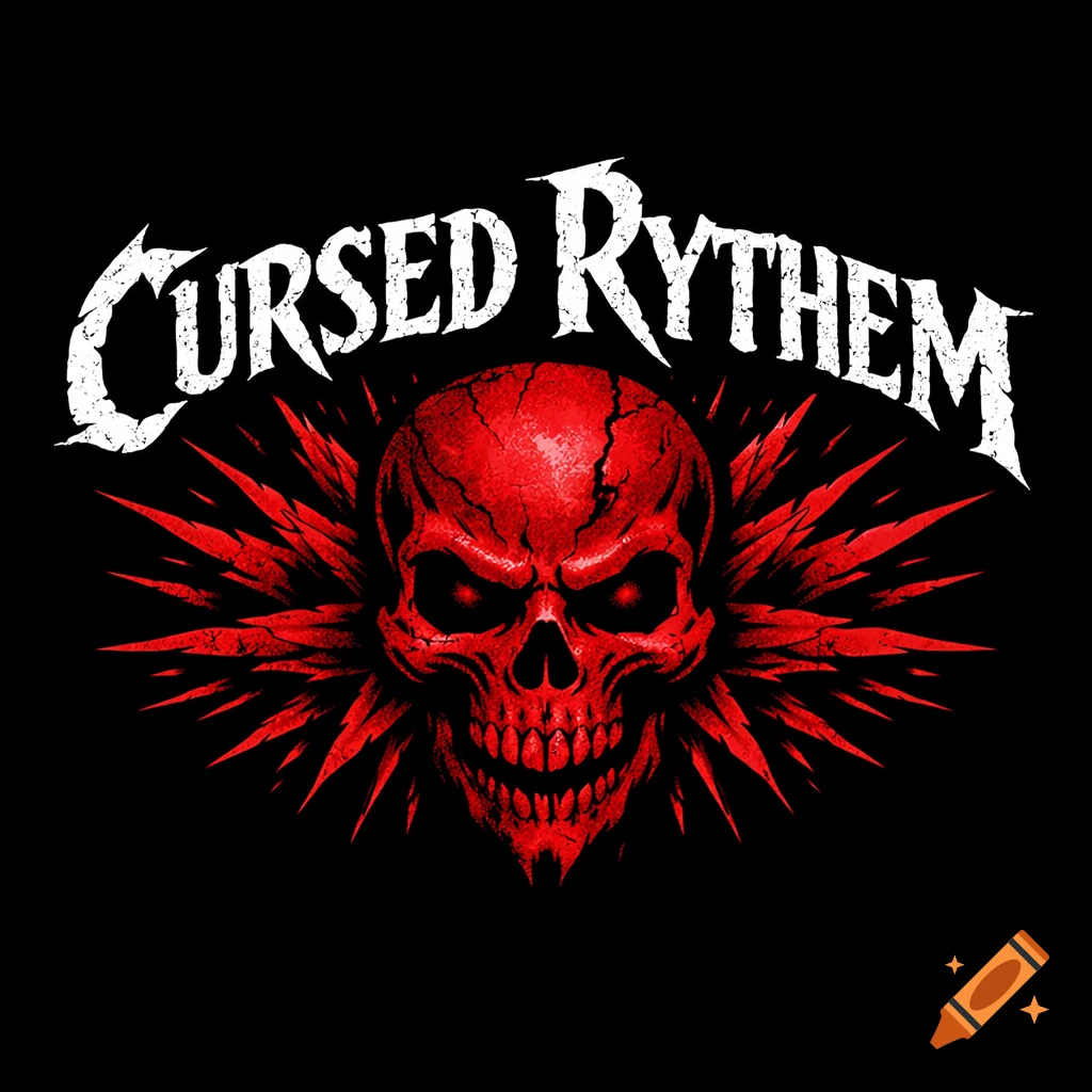 A band logo featuring white cracked text 'CURSED RYTHEM' above a red cracked skull with a spiked red aura on a black background.