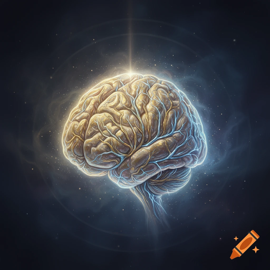A stylized human brain with luminous gold and blue veins glows, emitting a light beam into a dark, star-filled, cosmic background.