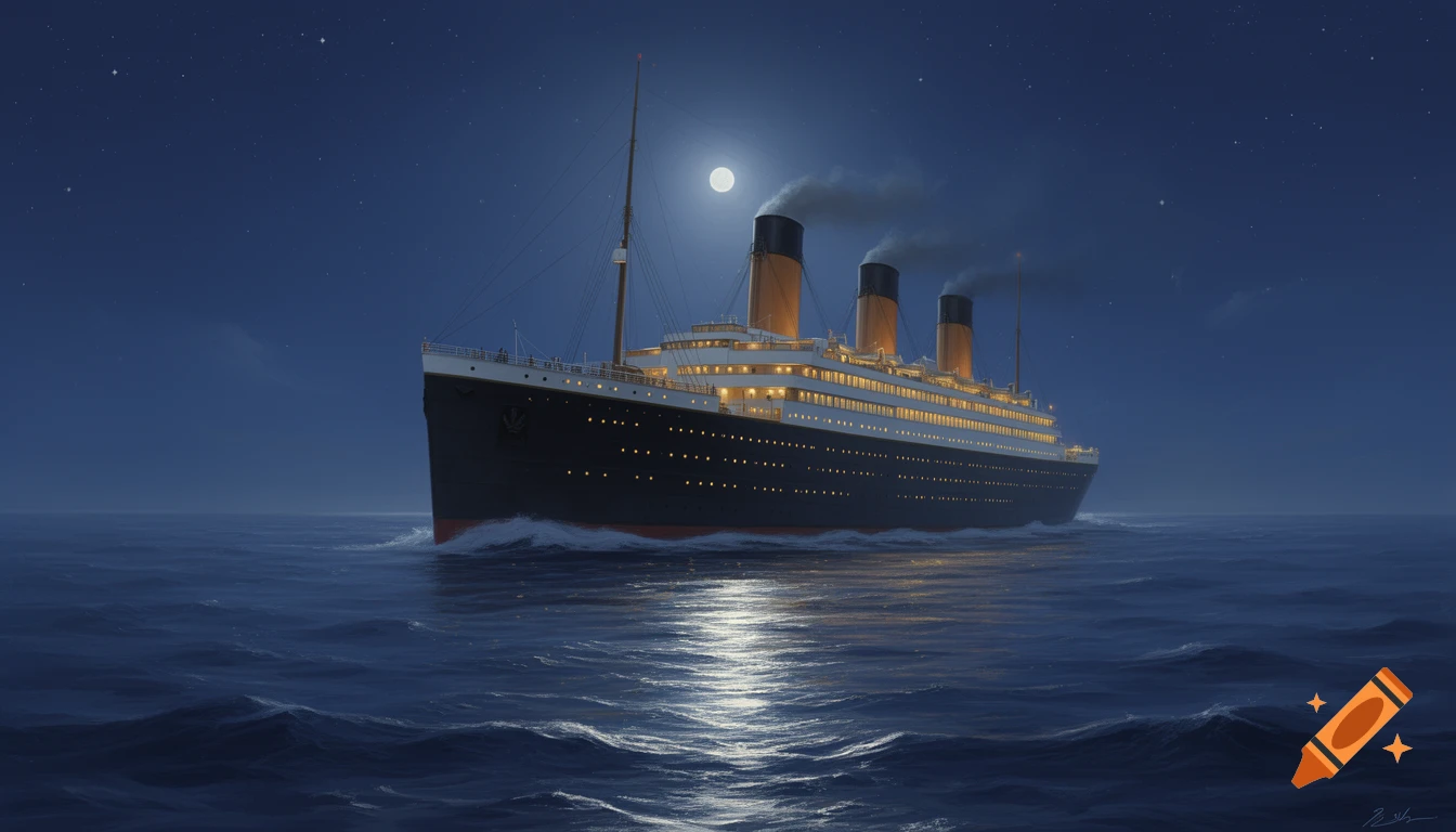 The Titanic sails majestically on a moonlit ocean at night, with light streaming from its portholes.