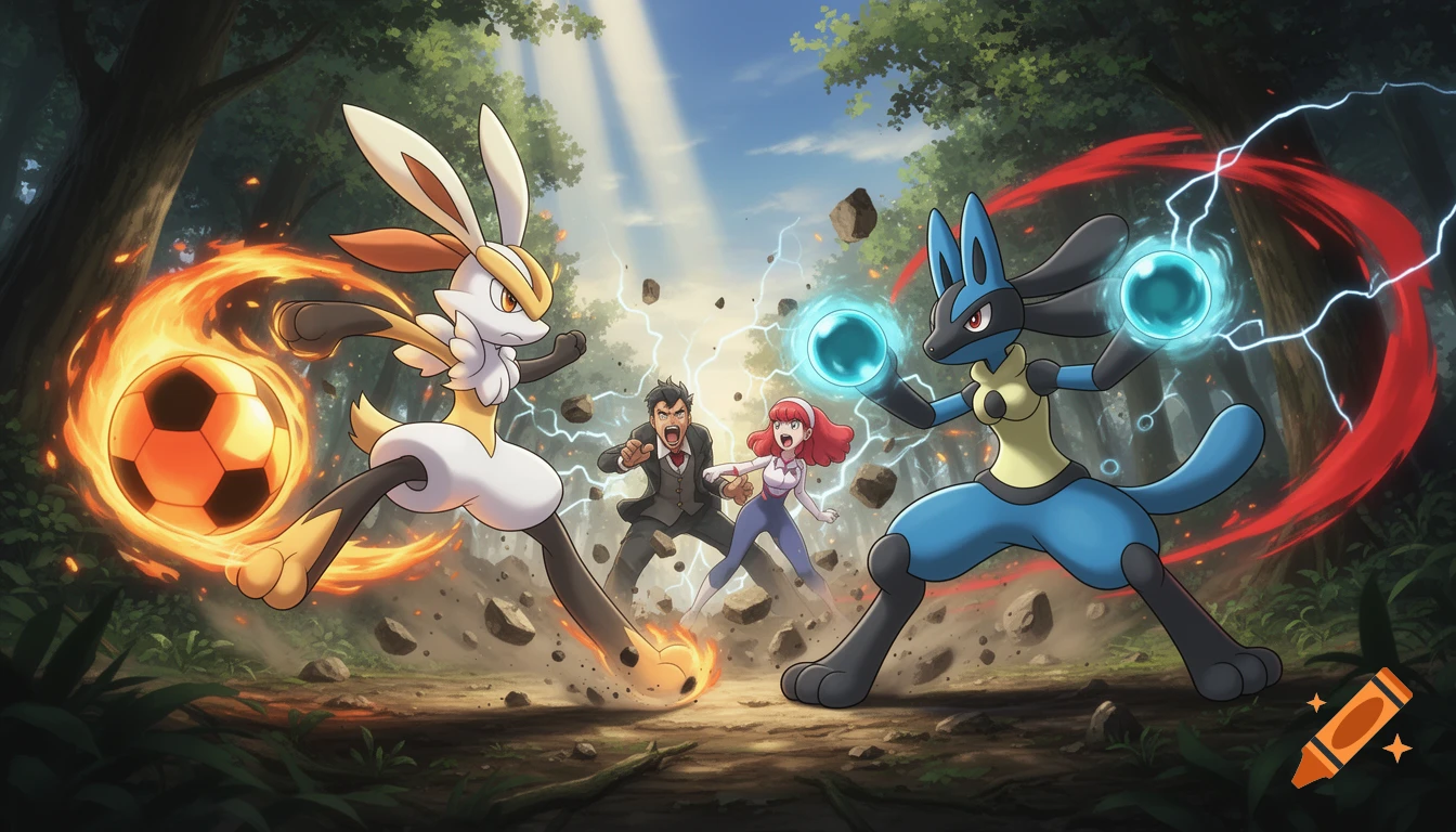 Cinderace with a fiery soccer ball and Lucario with blue energy spheres battle in a forest, as two trainers react.