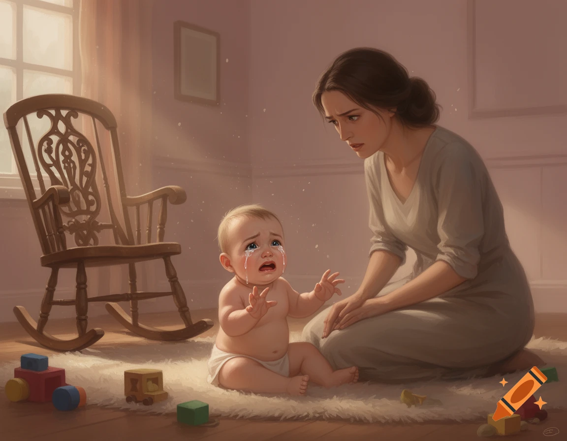 A crying baby sits on a rug with toys as a concerned mother kneels beside it in a sunlit room with a rocking chair. Realistic art.