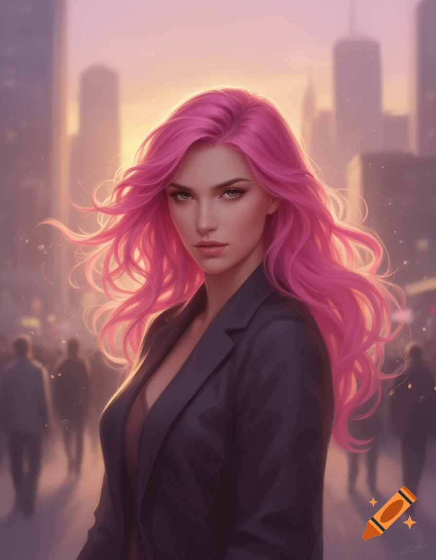 Digital art portrait of a woman with vibrant pink hair in a dark suit ...