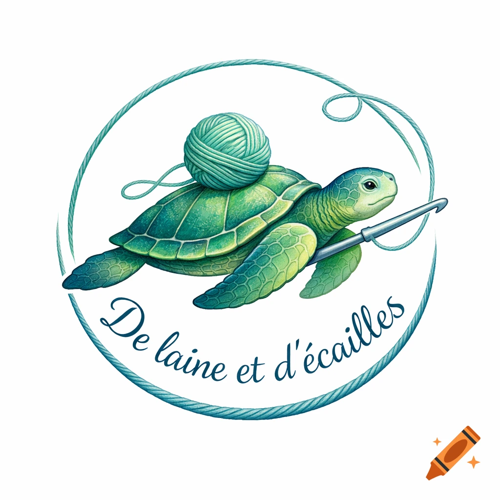 A poetic illustration of a green sea turtle carrying a yarn ball and holding a crochet hook, encircled by yarn, with "De laine et d'écailles" below.