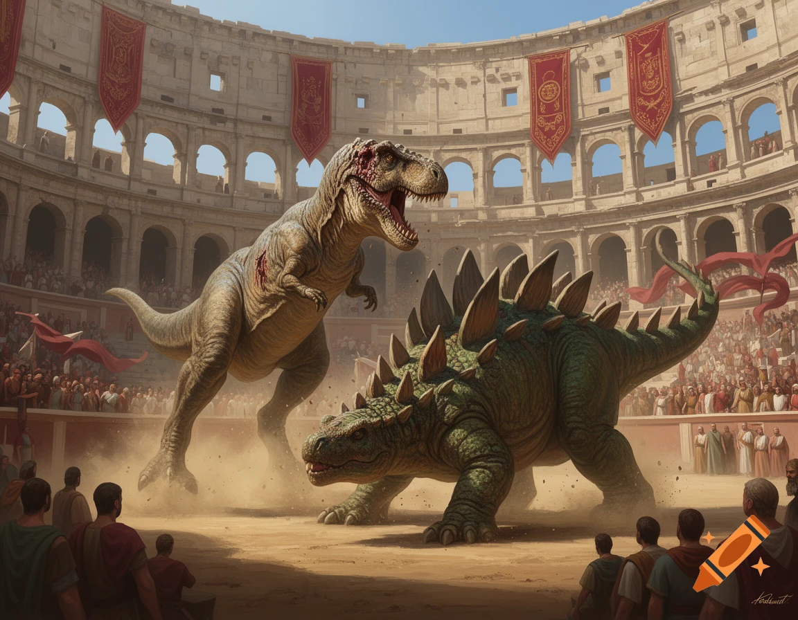 A Tyrannosaurus Rex fights a Stegosaurus in an ancient Roman Colosseum packed with spectators.