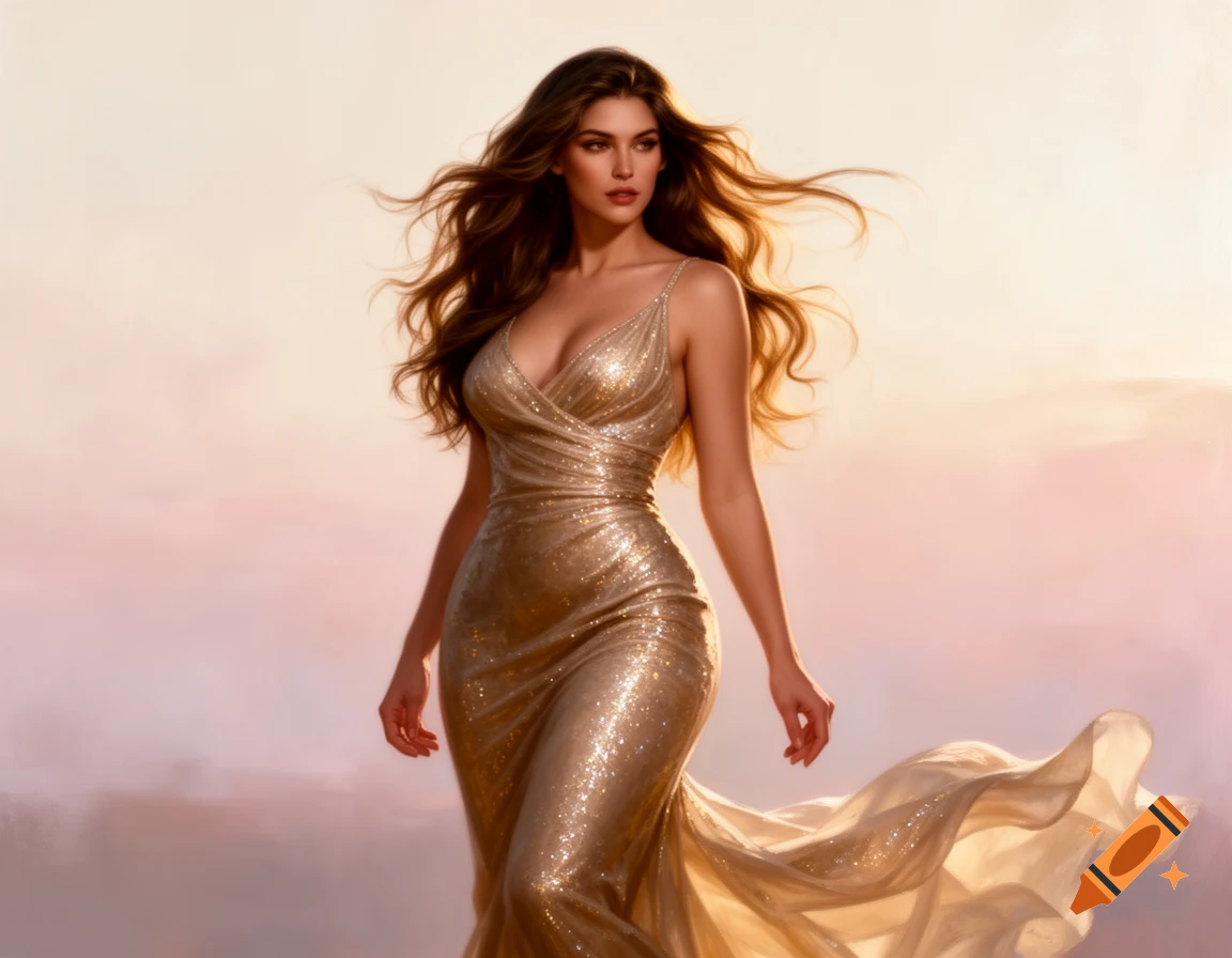 A beautiful woman with long, flowing brown hair, wearing a shimmering gold sequin gown, walks against a soft, ethereal sunset backdrop.