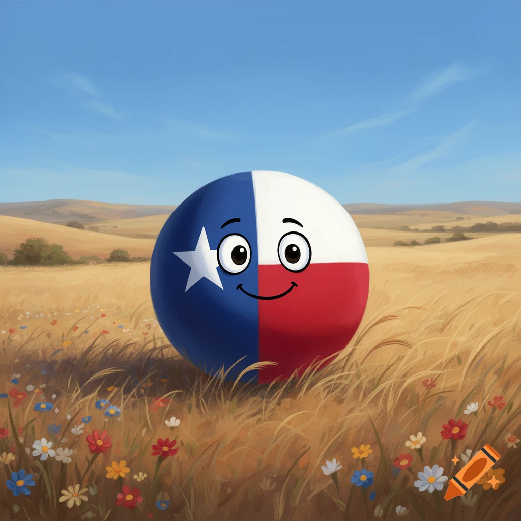 A cartoon Texas flag countryball with a happy face sits in a sunny field of tall grass and wildflowers.