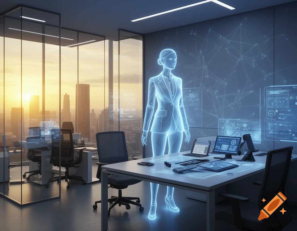 A glowing blue holographic woman stands in a futuristic office with data displays, overlooking a city skyline at sunset.