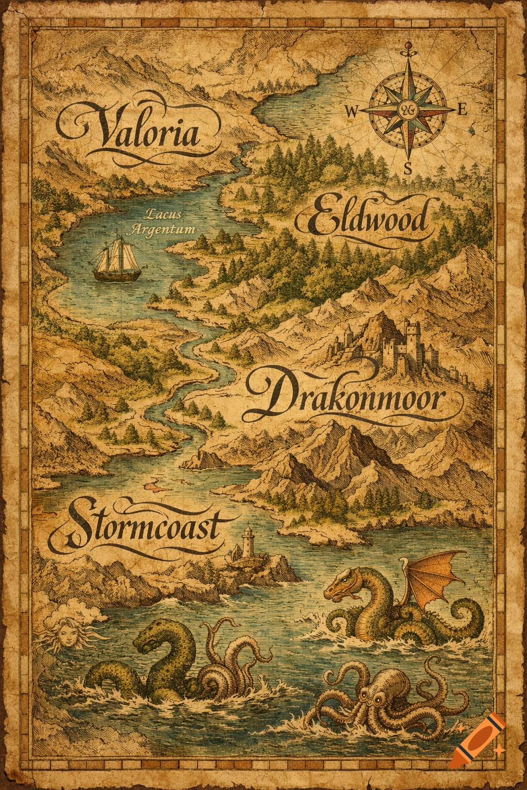 An old, detailed fantasy map with territories like Valoria, Eldwood, Drakonmoor, Stormcoast. It features mountains, rivers, a ship, a castle, a compass rose, and sea monsters in the ocean.