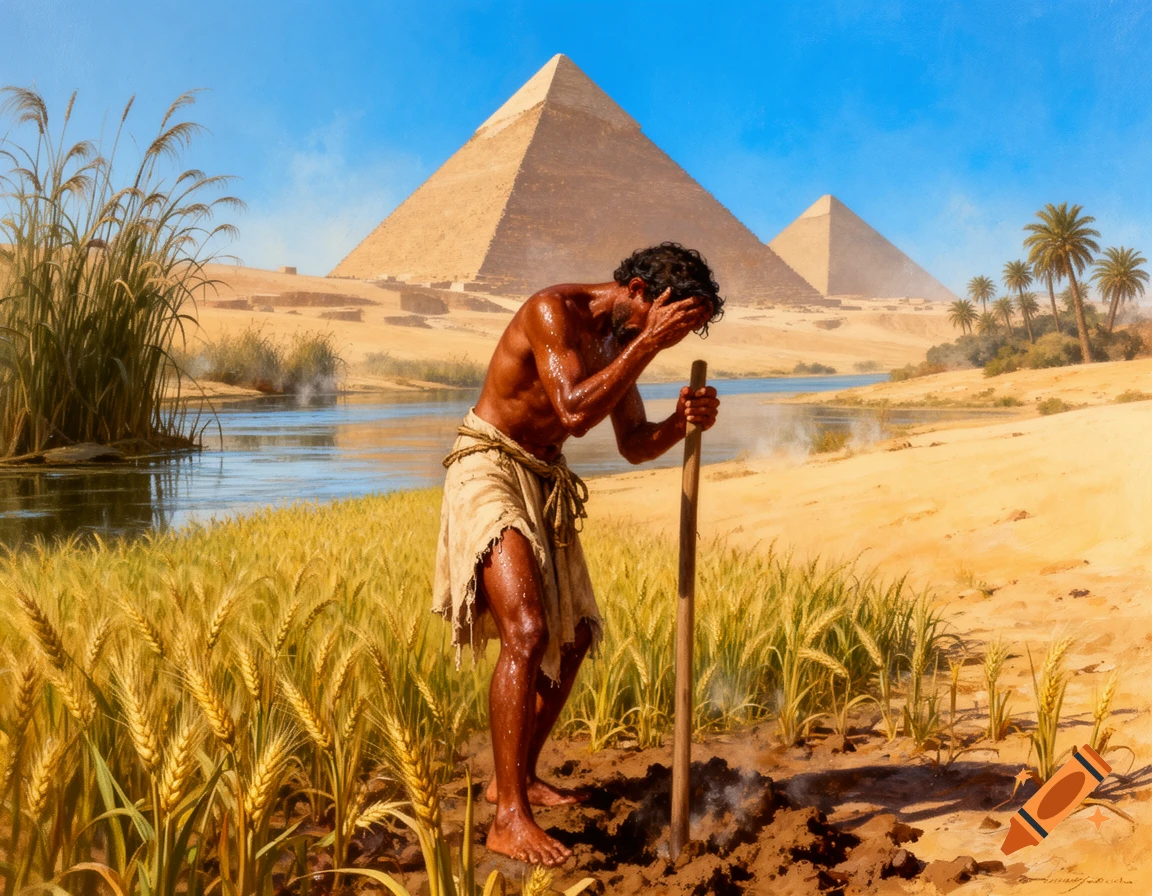 A sweating ancient Egyptian peasant works in a field by a river under a clear blue sky, with pyramids and palm trees in the background, painted style.