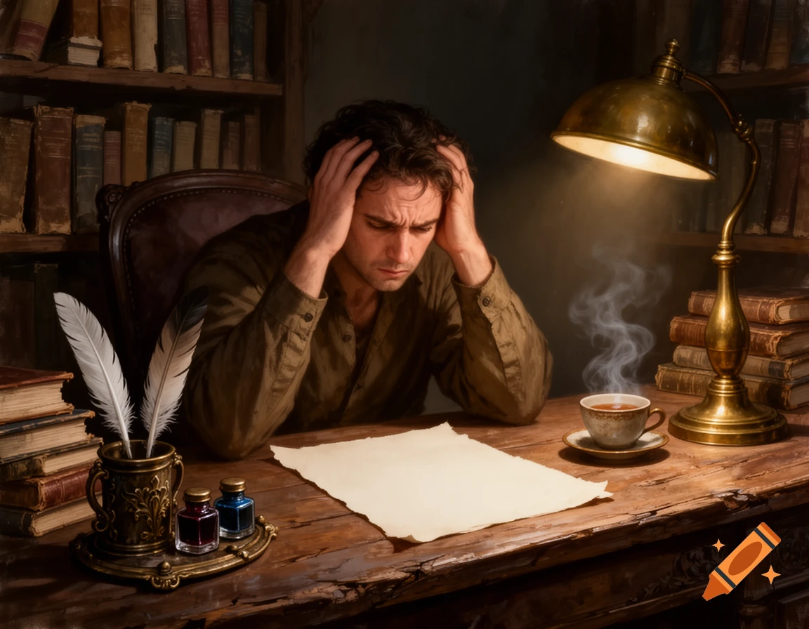 A stressed writer sits at a desk with his head in his hands, surrounded by quills, ink, a steaming cup, and books, lit by a lamp, in a painted style.