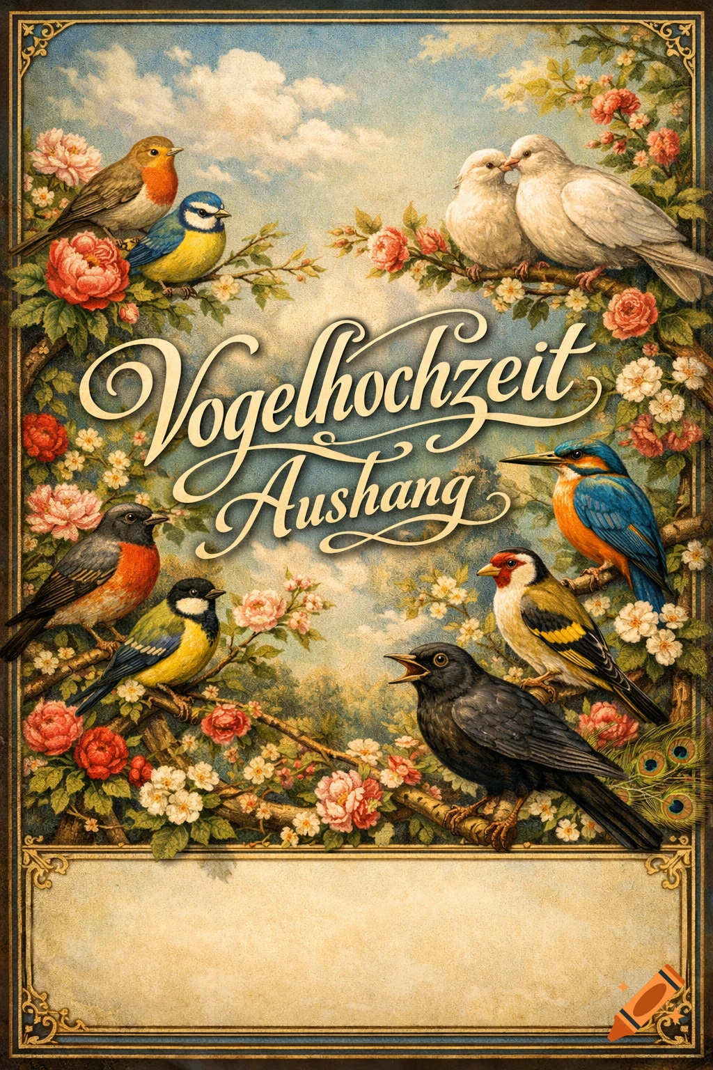 Vintage illustration of various birds on flowering branches with text 'Vogelhochzeit Aushang' and an empty frame.