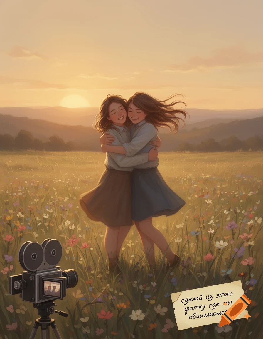 Two girls happily hugging in a wildflower field at sunset, with a vintage camera and a note in the foreground.