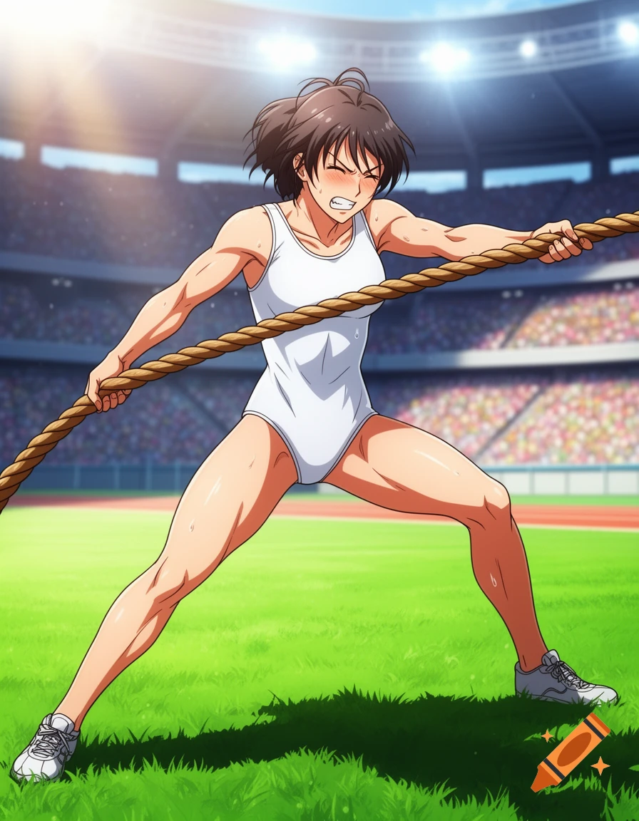 A muscular anime woman straining with gritted teeth, pulling a rope in a tug-of-war on a sunny stadium grass field.