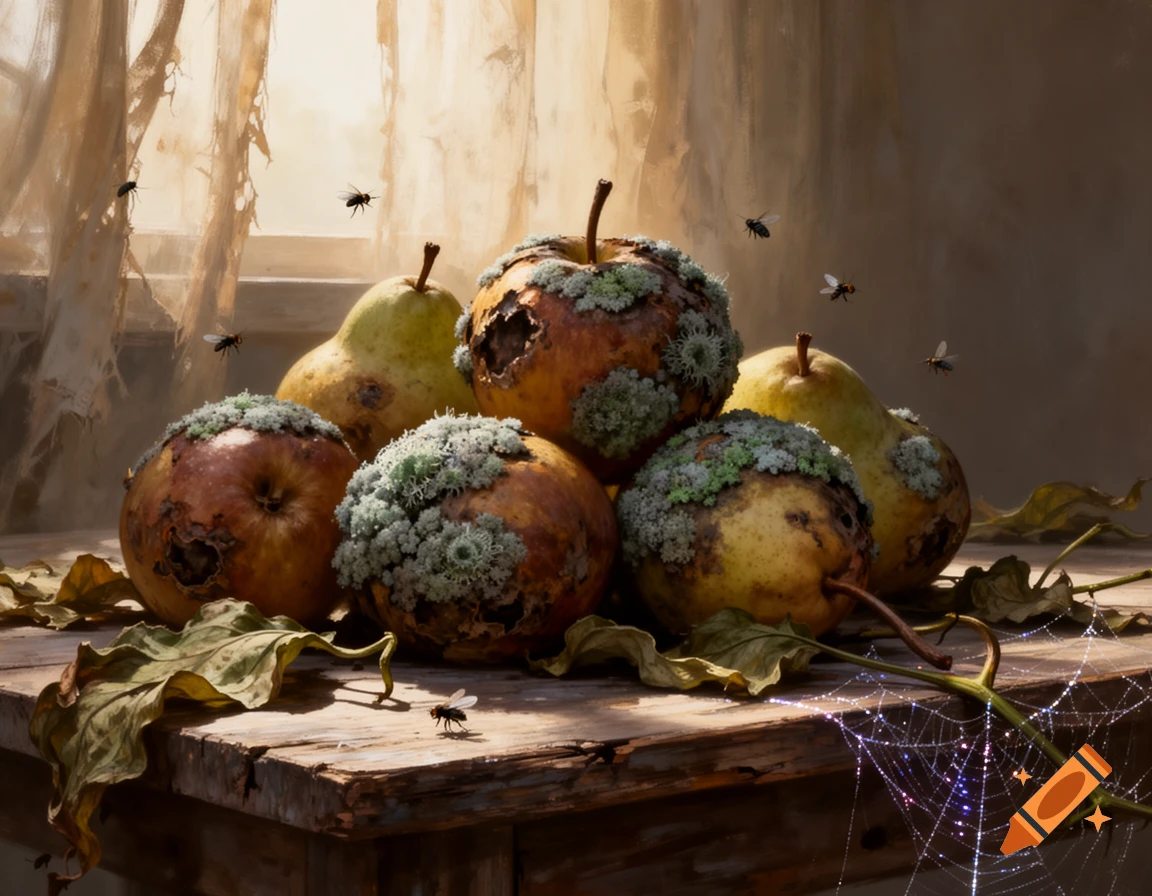 Photorealistic still life of moldy, rotting apples and pears on a wooden table with flies and a spiderweb.