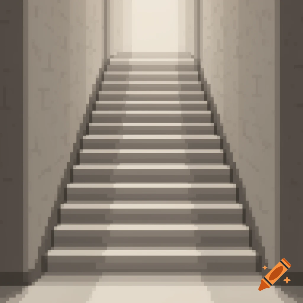 Pixel art image of a long, light-colored staircase with walls on both sides, leading upwards into a bright light.