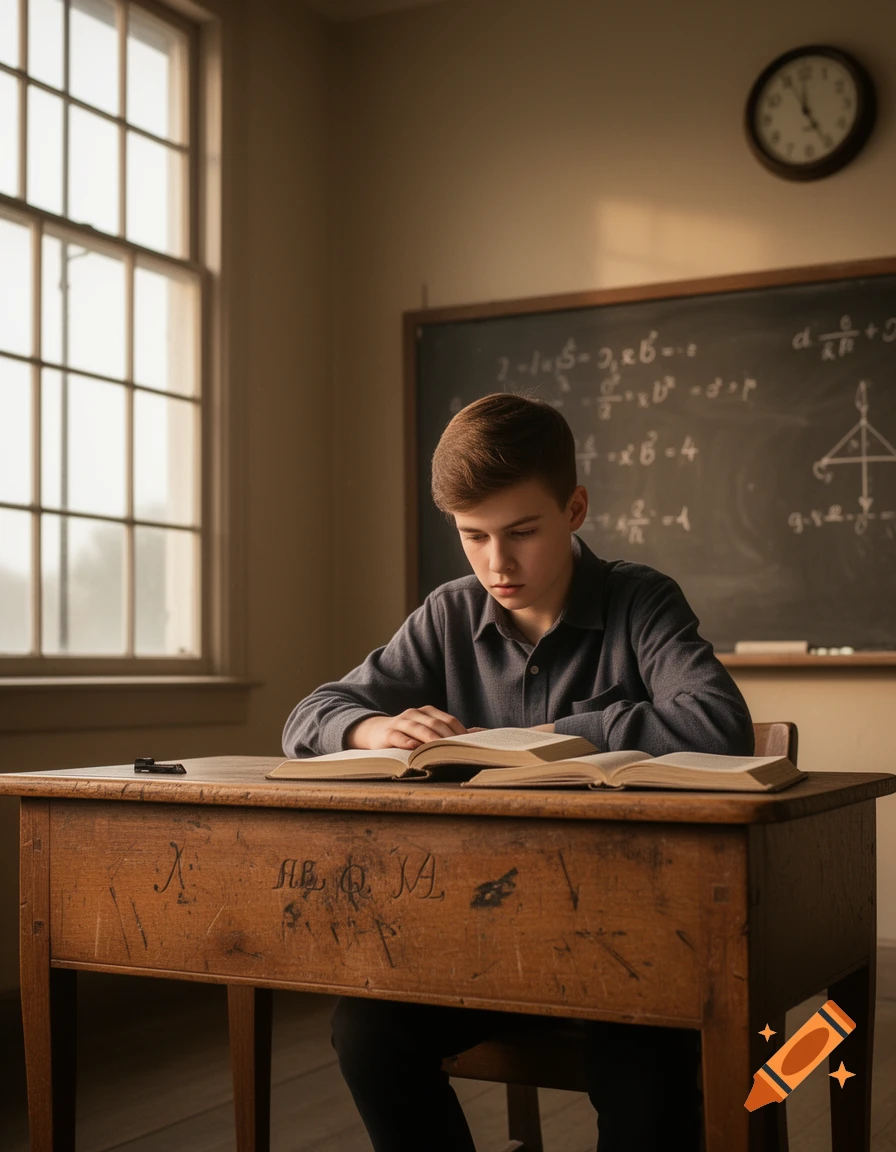 A young boy with short brown hair sits at a worn wooden desk, intently reading an open book in a dimly lit classroom. A blackboard with illegible text and a clock are in the background.