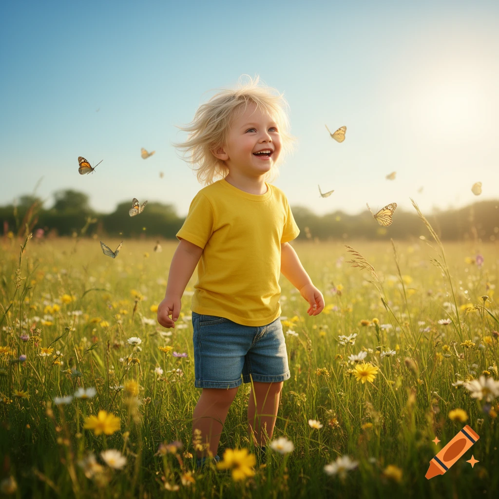 A happy blonde child in a yellow shirt and denim shorts laughs in a sunny wildflower meadow with butterflies flying around.