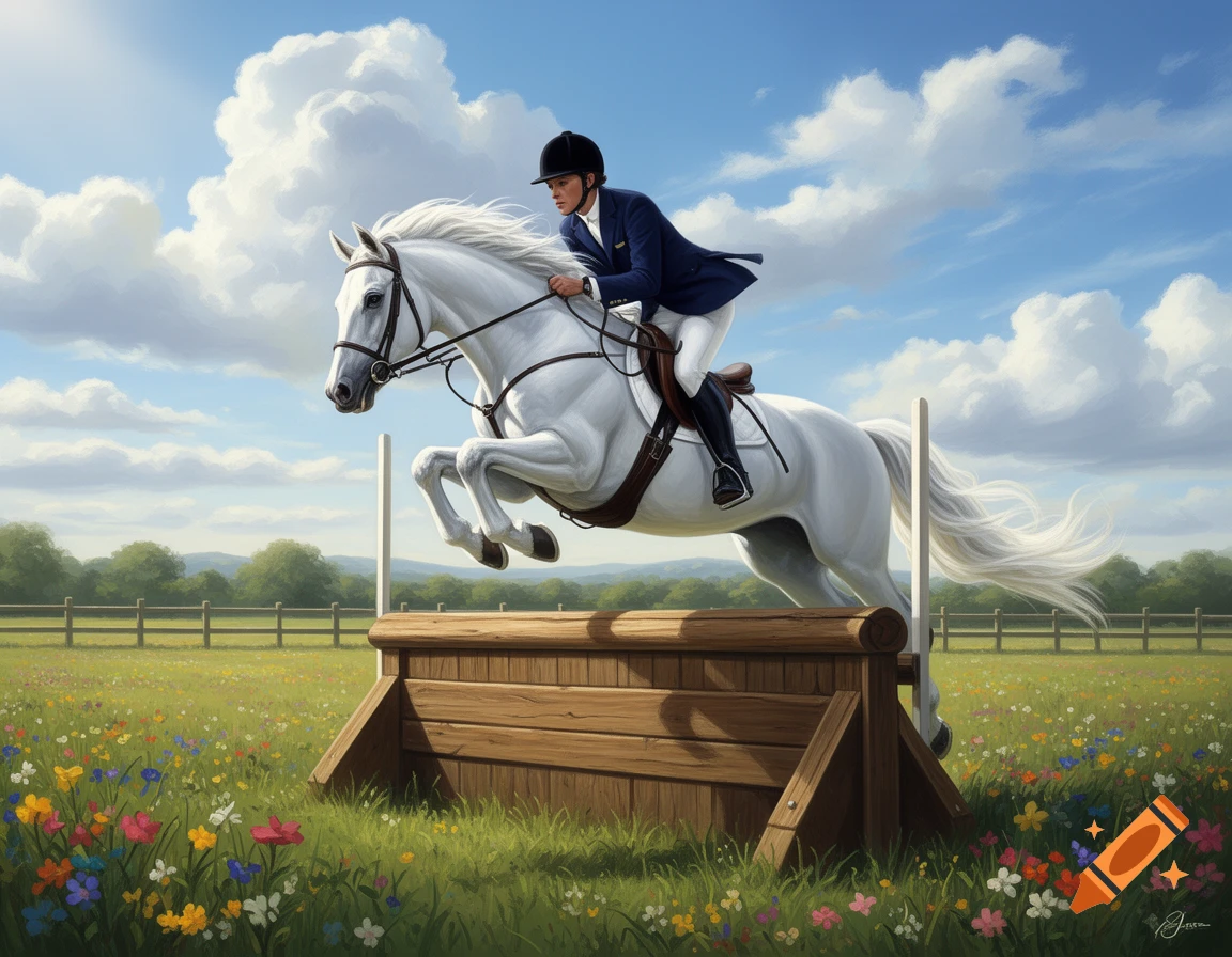 A white horse and rider in a blue jacket jump over a wooden obstacle in a field with colorful flowers under a cloudy blue sky.