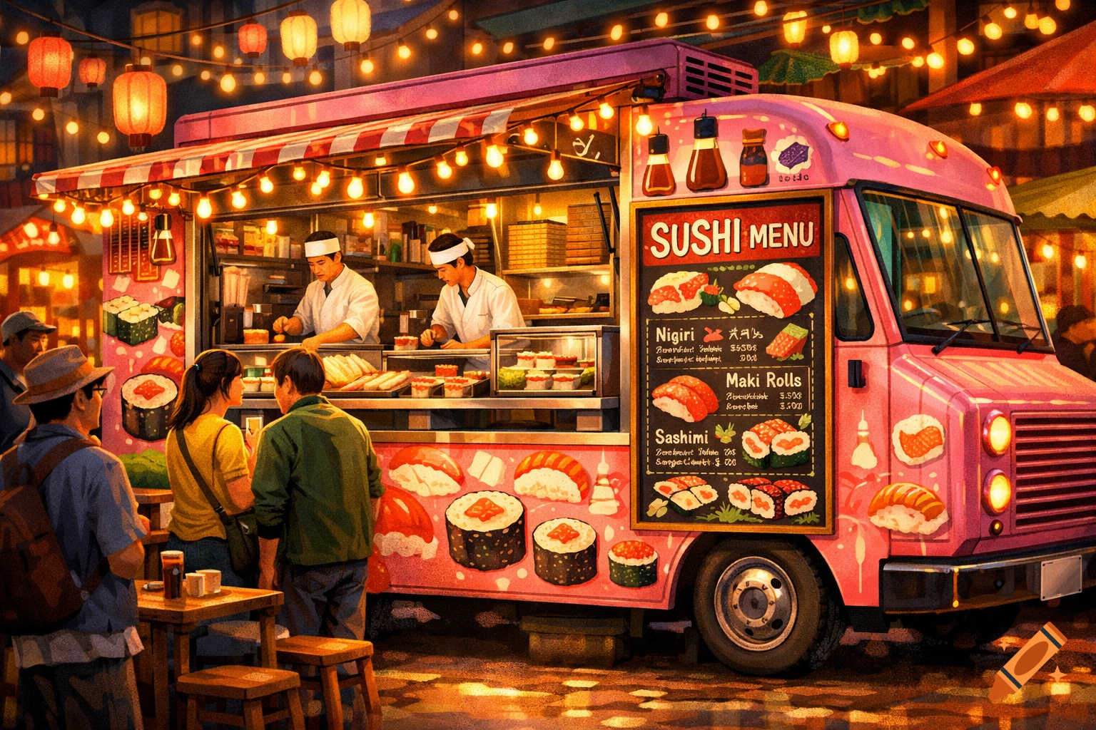 A bustling pink sushi food truck at a night market, lit by warm string lights and paper lanterns. Chefs prepare food inside as customers stand outside, with a menu displaying various sushi items.