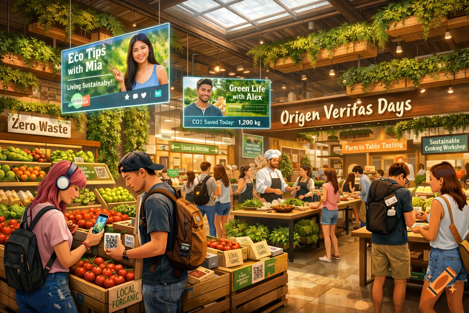 A bustling, vibrant eco-friendly supermarket with customers, fresh produce, digital screens with sustainability tips, and signs for "Origen Veritas Days" and "Zero Waste."