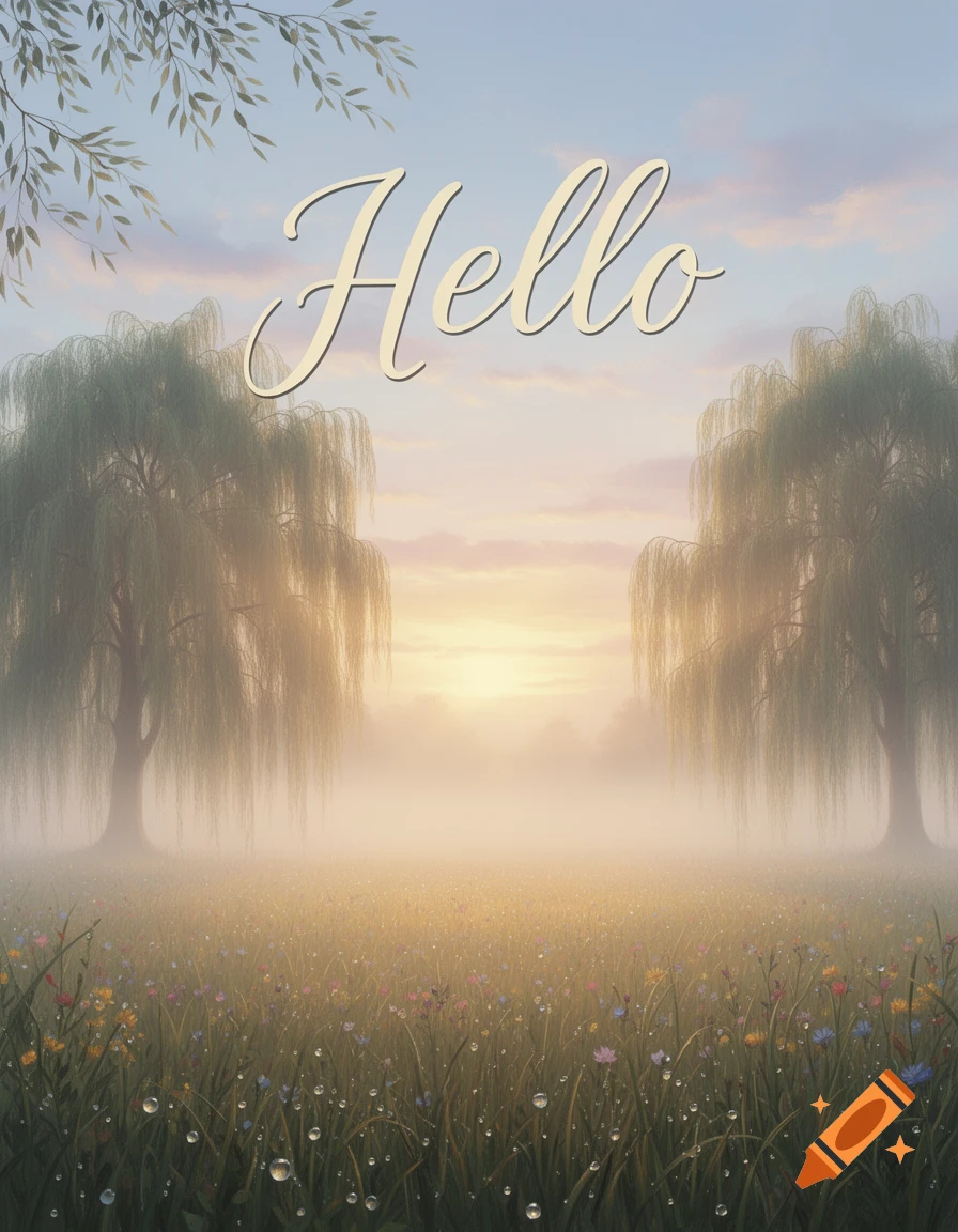 The word 'Hello' over a misty field of wildflowers with dew drops, flanked by willow trees at sunrise.