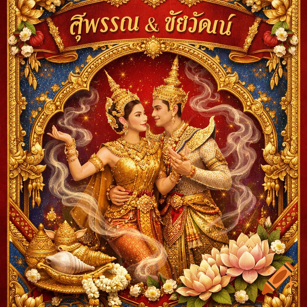 A traditionally dressed Thai couple in ornate golden attire, framed by elaborate gold and red designs with lotus flowers.