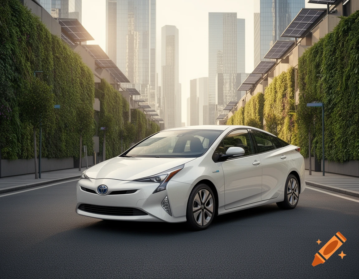 A white Toyota Prius on a paved city street, with green-covered buildings and solar panels in the background under a bright sky.