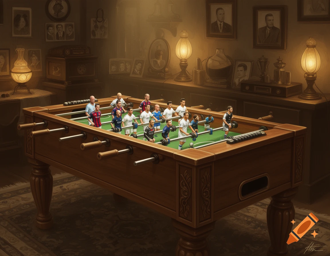 A vintage foosball table with player figures in soccer jerseys, set in a dimly lit, richly decorated room with framed portraits.