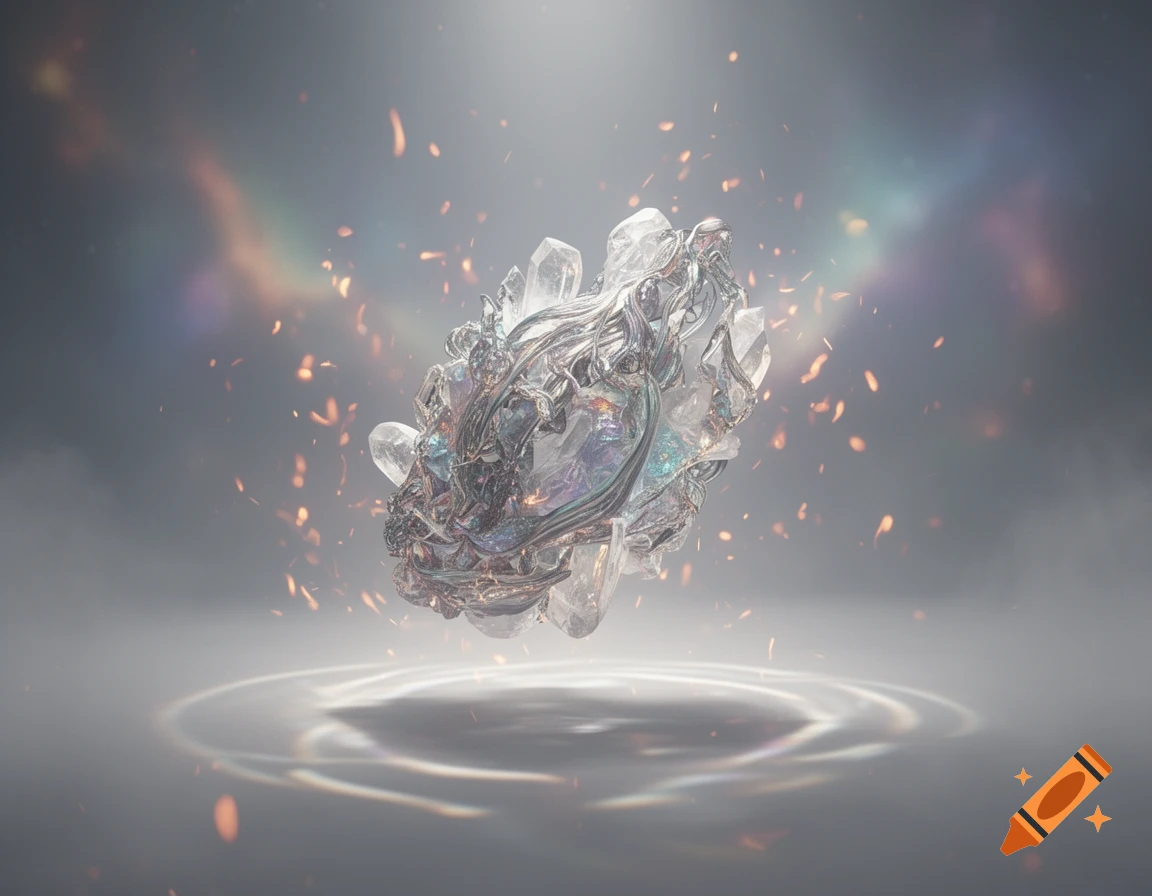 A complex, shimmering crystalline object floats above a reflective surface amidst glowing sparks and soft light streaks.