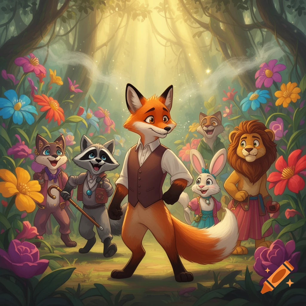 A group of anthropomorphic animals, including a fox, raccoon, rabbit, and lion, stand in a vibrant, sunlit forest filled with colorful flowers.