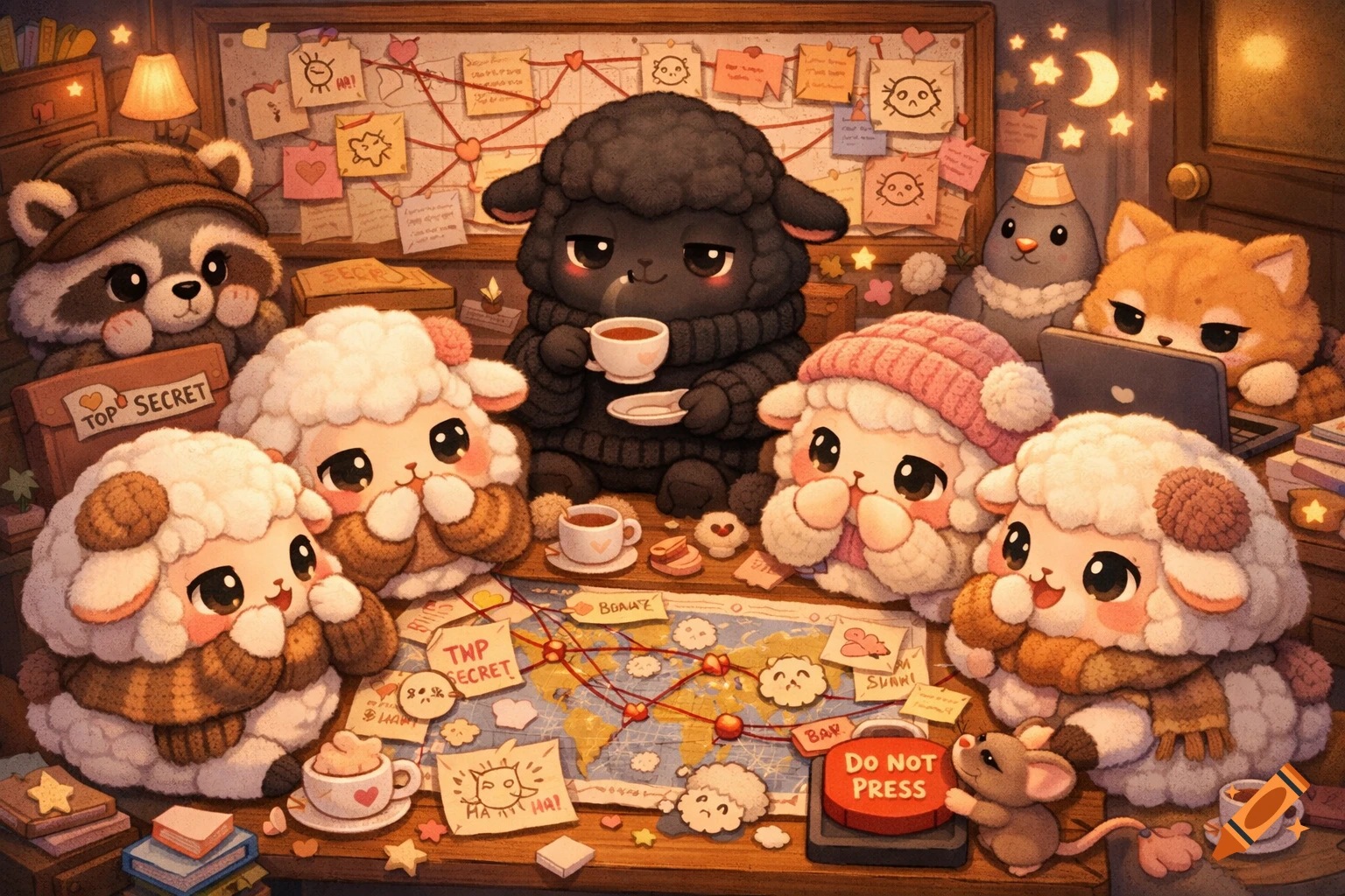 A cute chibi black sheep mastermind sips tea, surrounded by five fluffy white sheep, a raccoon, cat, pigeon, and mouse in a messy office filled with conspiracy maps and notes, in a cozy, plush illustration.