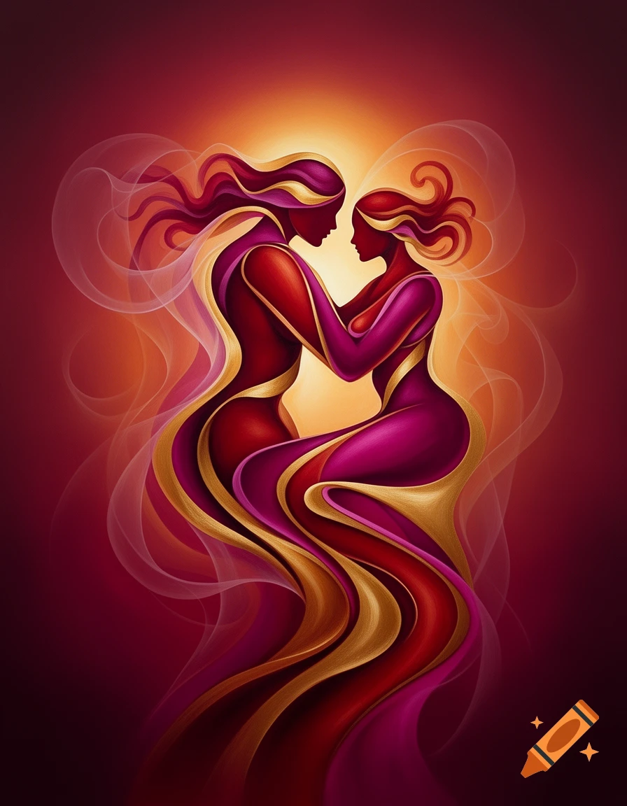 Two stylized abstract figures, one red and one magenta, embrace amidst flowing gold and red ribbons on a glowing red-orange background.