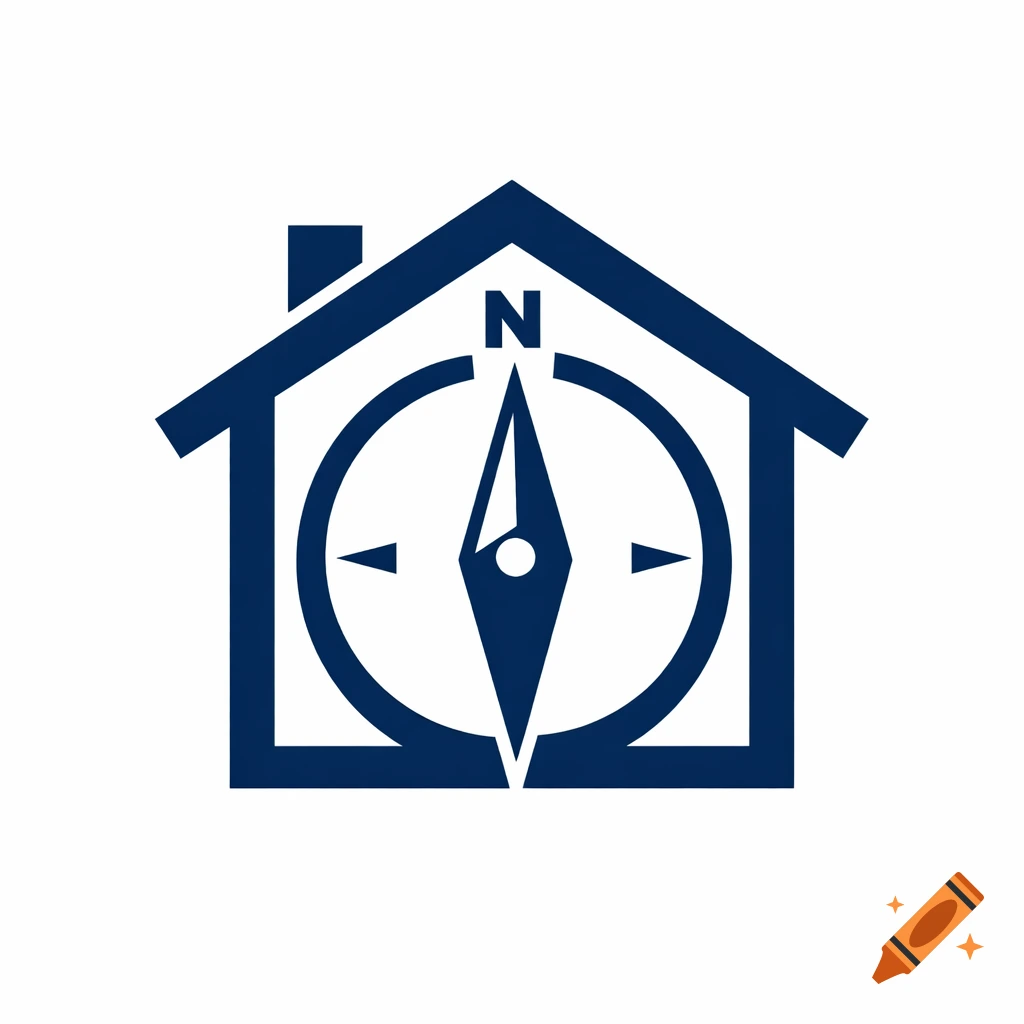 Blue 2D logo icon of a house with a compass pointing north inside.