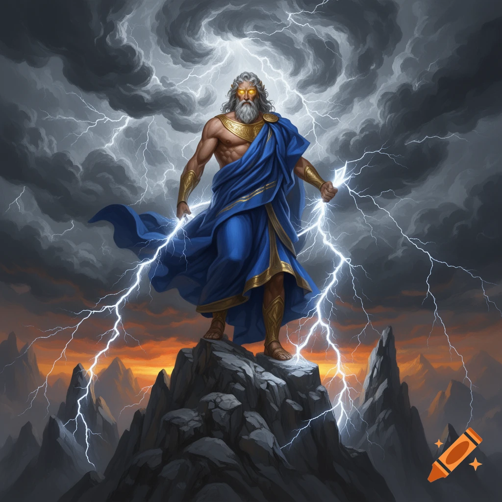 Zeus, god of lightning, stands majestically on a mountain peak, under stormy clouds, wielding bolts of lightning.