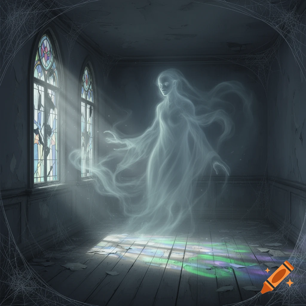 A luminous, flowing ghost with a human-like form floats in a dilapidated room with broken stained-glass windows, light casting colorful patterns.
