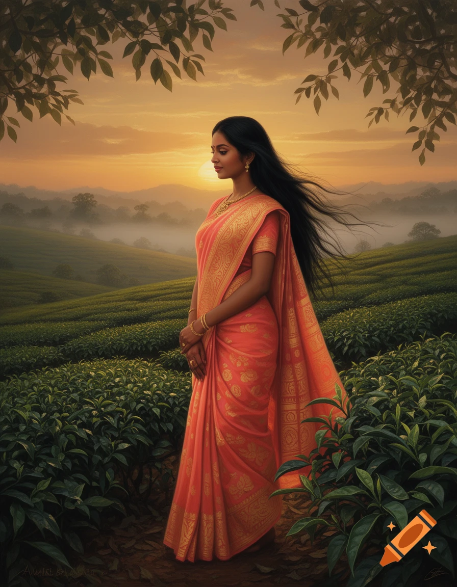 A woman in a vibrant orange sari stands in a tea plantation at sunset, looking to the side.