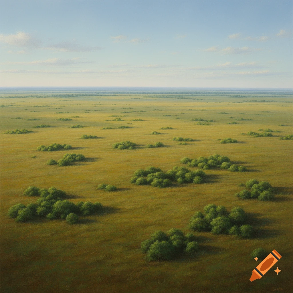 A top-down view of a vast, golden field dotted with numerous green shrubs under a clear blue sky.