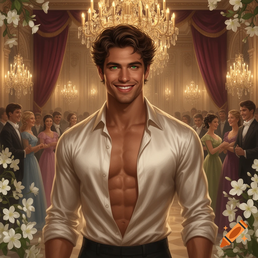 A handsome man with green eyes and abs, wearing an unbuttoned white shirt, smiles in a grand ballroom with chandeliers.