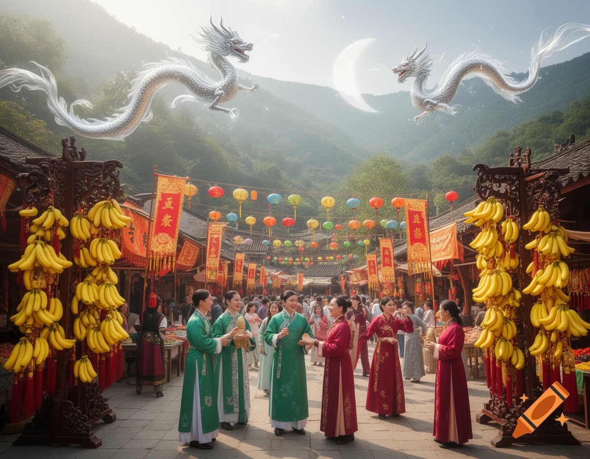 Vibrant Chinese market scene with people, banana stalls, colorful lanterns, and two silver dragons flying above misty mountains under a crescent moon.