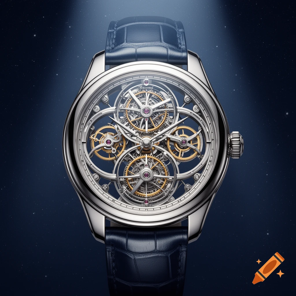 A close-up of a silver skeleton wristwatch with intricate gold and silver gears and a blue leather strap, set against a dark blue, starry background.