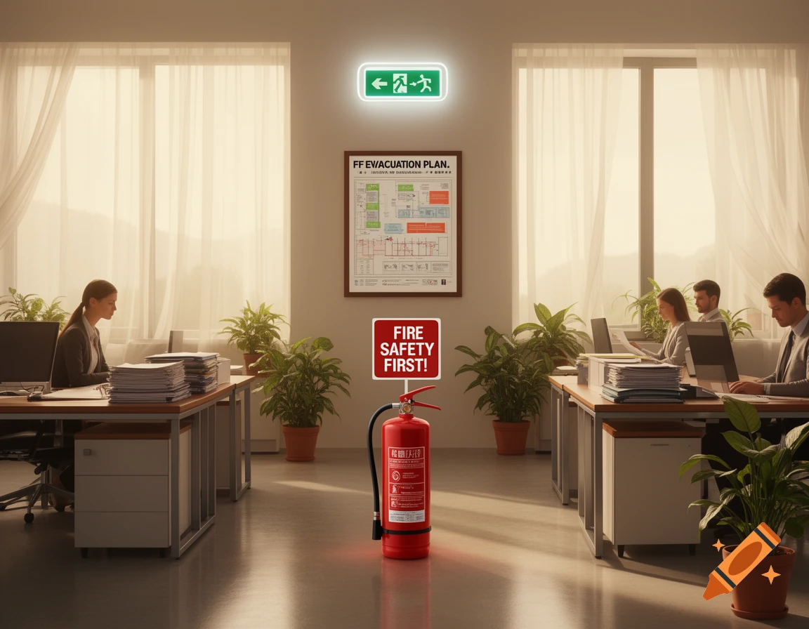 An office scene with people working at desks, featuring a red fire extinguisher, a "FIRE SAFETY FIRST!" sign, and an evacuation plan poster.