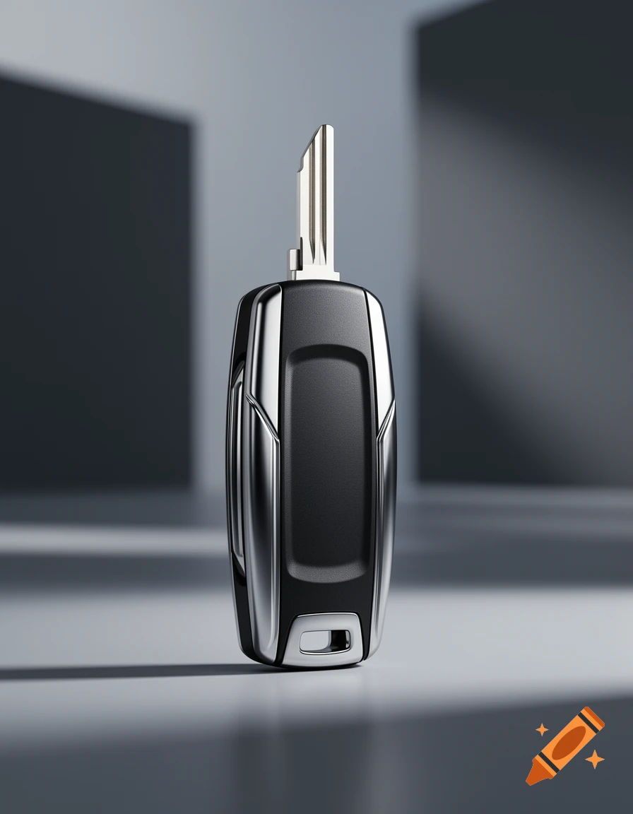 Keys Rear View A detailed, photorealistic close-up of a modern black and silver flip ...