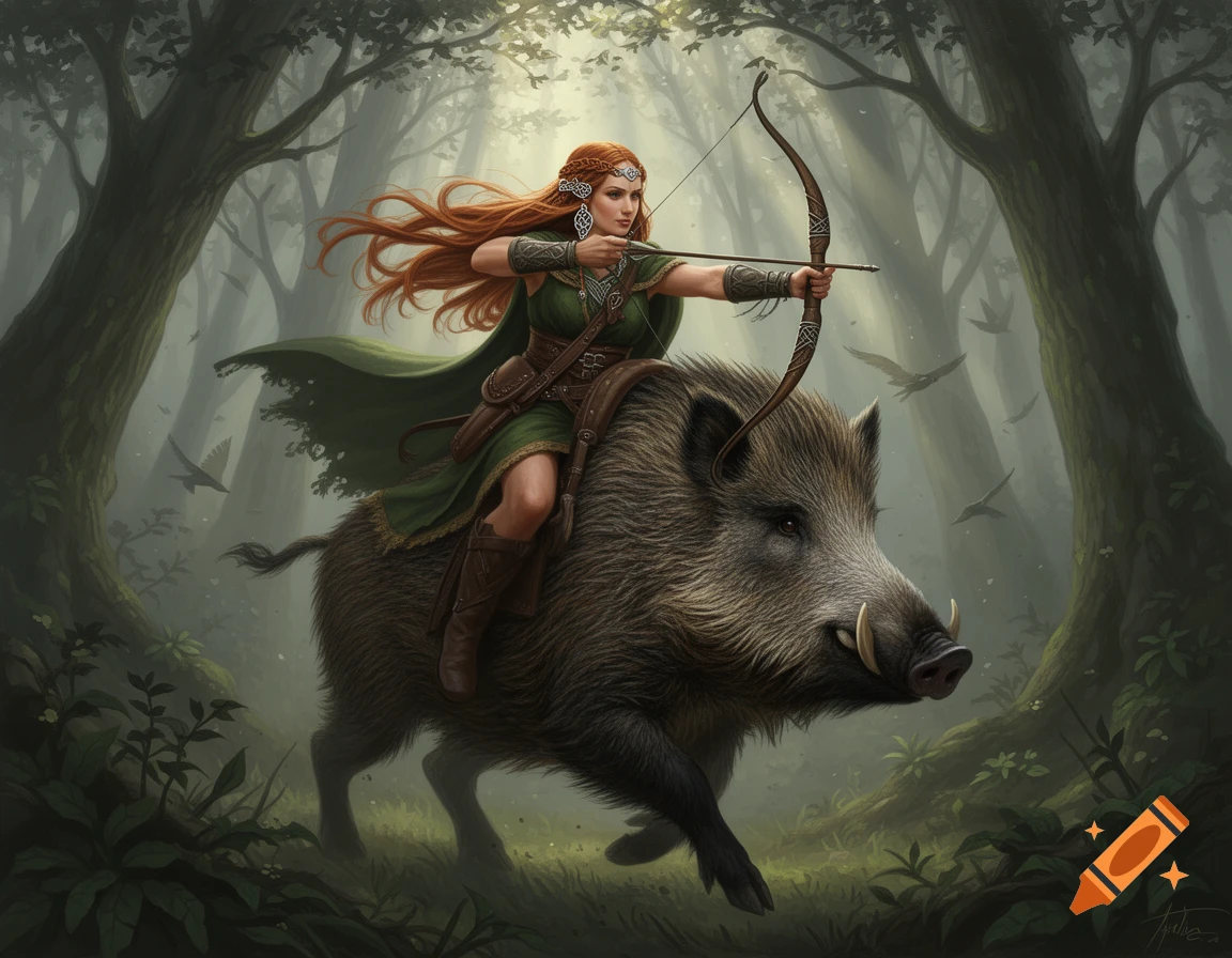 A fantasy painting of a red-haired Celtic woman riding a wild boar ...