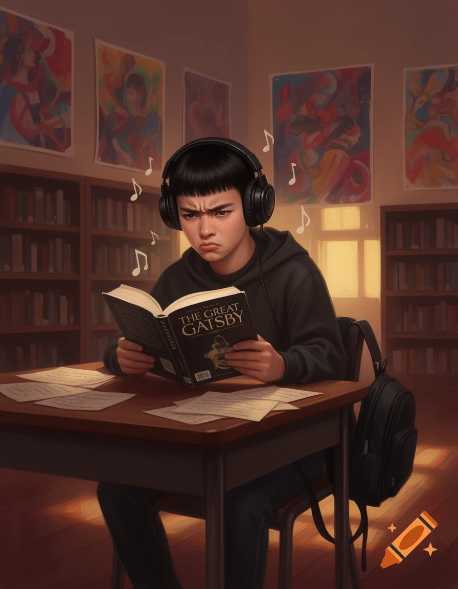 A student with black hair and headphones scowls while reading 'The Great Gatsby' at a desk in a classroom with bookshelves and paintings.