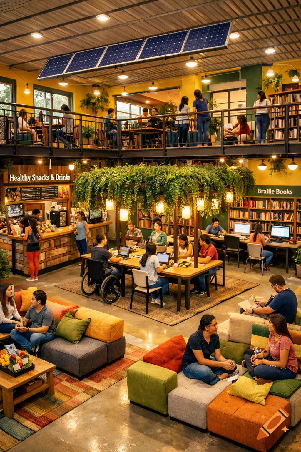 A vibrant, two-story student hub with a cafe, a library section with Braille books, study tables, and relaxation areas, filled with people.