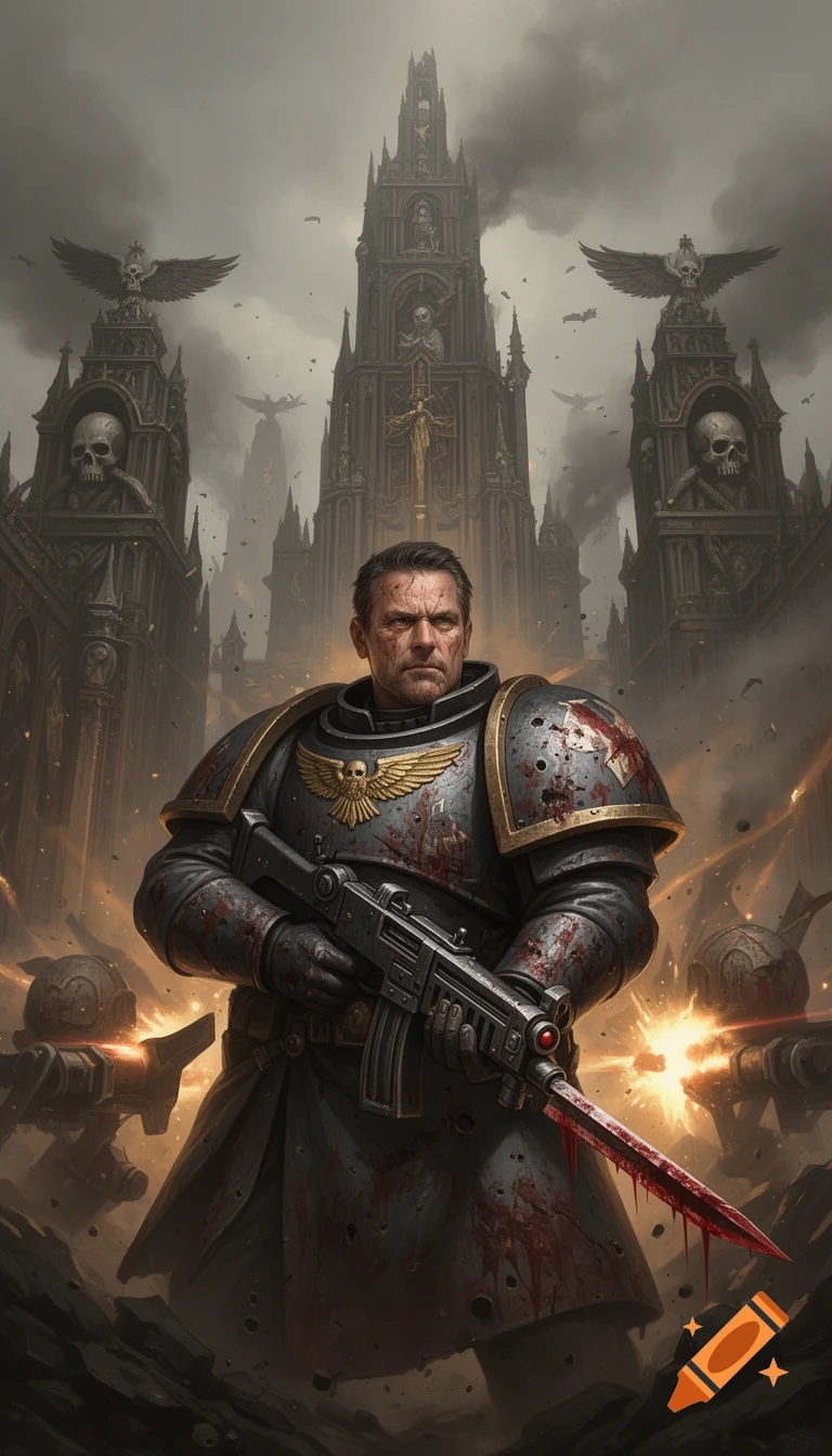 A grimdark sci-fi illustration of a war-hardened soldier in battle-damaged armor with a bloodied bayonet, standing before towering gothic architecture under a smoky sky.