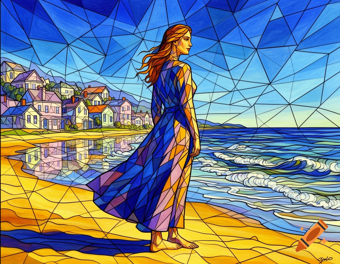 Stained glass artwork of a woman in a blue dress standing on a beach, looking at the ocean, with houses on a hill in the background.